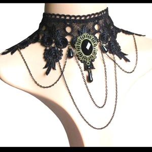 Elegant Vintage Princess Black Lace Gothic Statement Necklace and vampire teeth